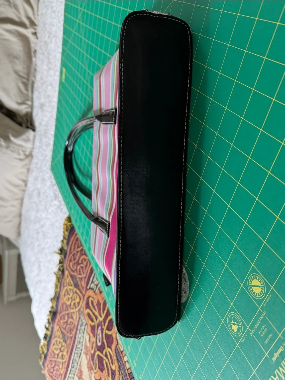 kate spade medium sized multi-striped canvas shoulder bag with leather trim, GUC